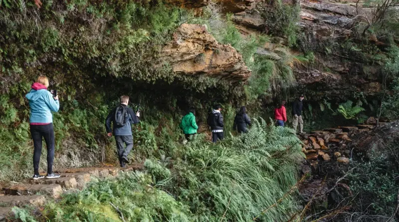 Group walking beneath a sandstone overhang